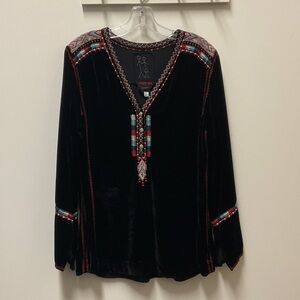 Johnny Was Pete + Greta Black Velvet Tunic with Red, Teal & White Embroidery